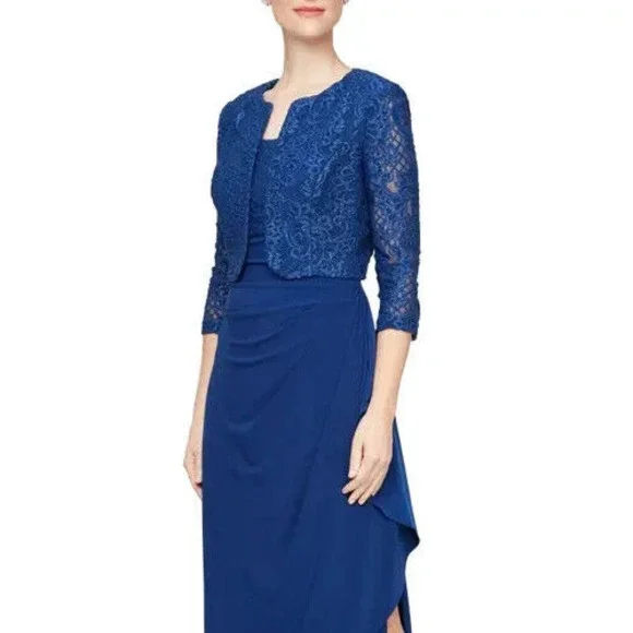 lace bolero jackets for evening dresses R&M Richards Women's 1 Piece Laced Shrug with Sequins Missy in Champagne main image 0